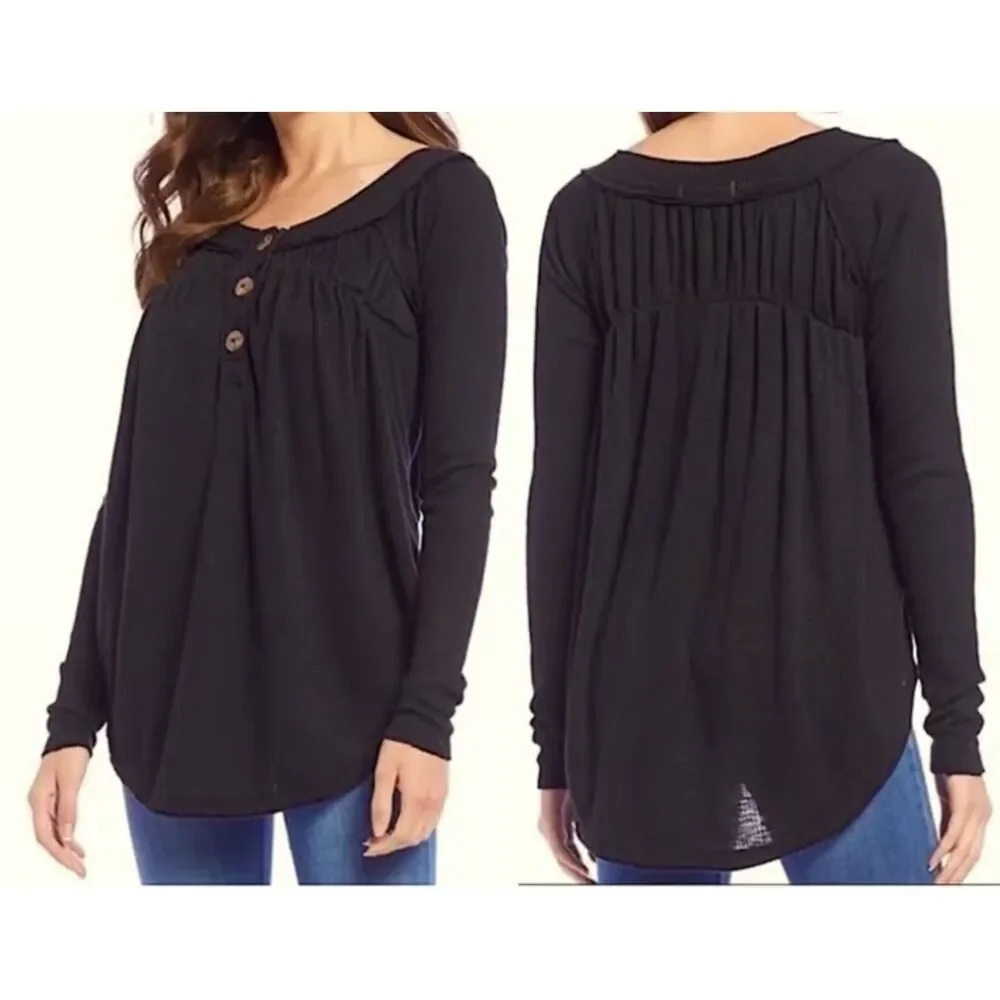 Free People Womens Long Sleeve Babydoll Top Sz Large Boho Neutral Casual Thermal